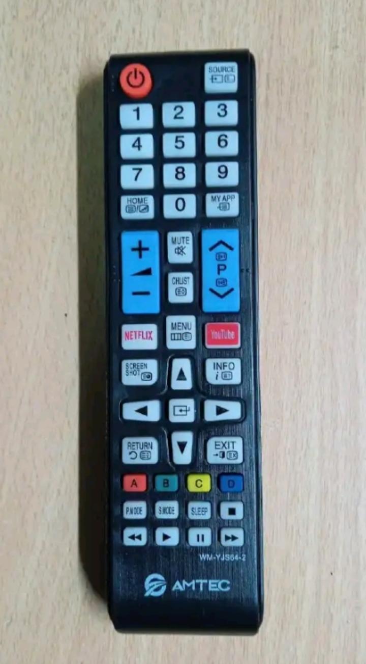 Amtec smart tv remote control which uses triple A batteries and has Netflix and YouTube button
