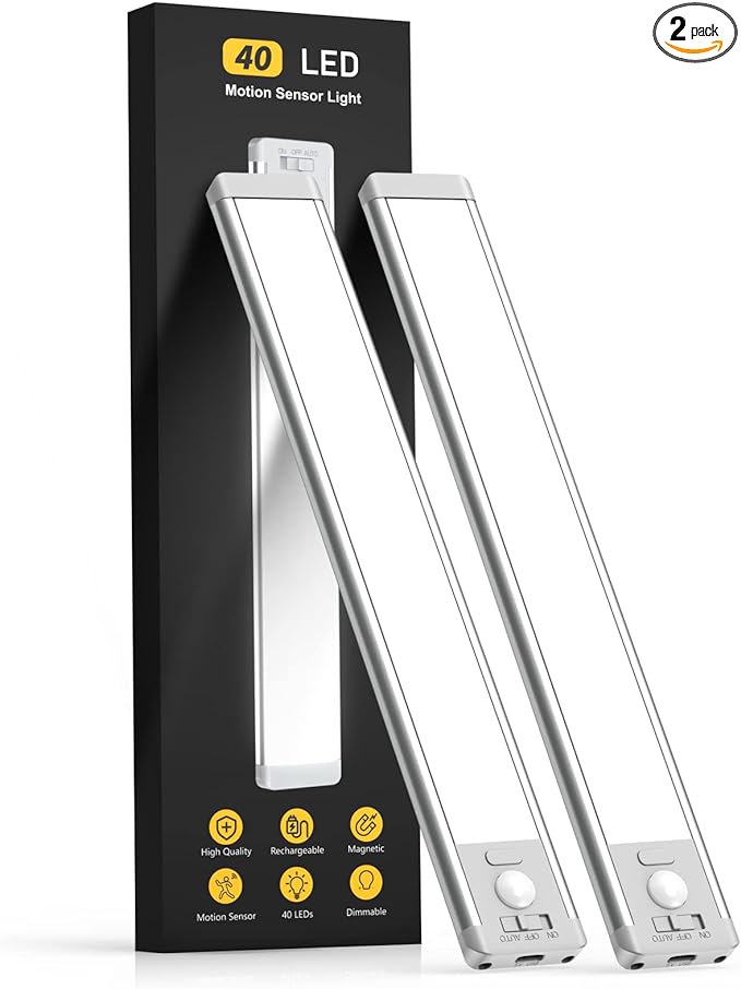 Cabinet Lights, 40pcs LED Rechargeable Battery Powered Motion Sensor Light Interior, 2 Pack Magnetic Dimmable Closet Lights, Wireless Counter Lights for Kitchen, Stairs
