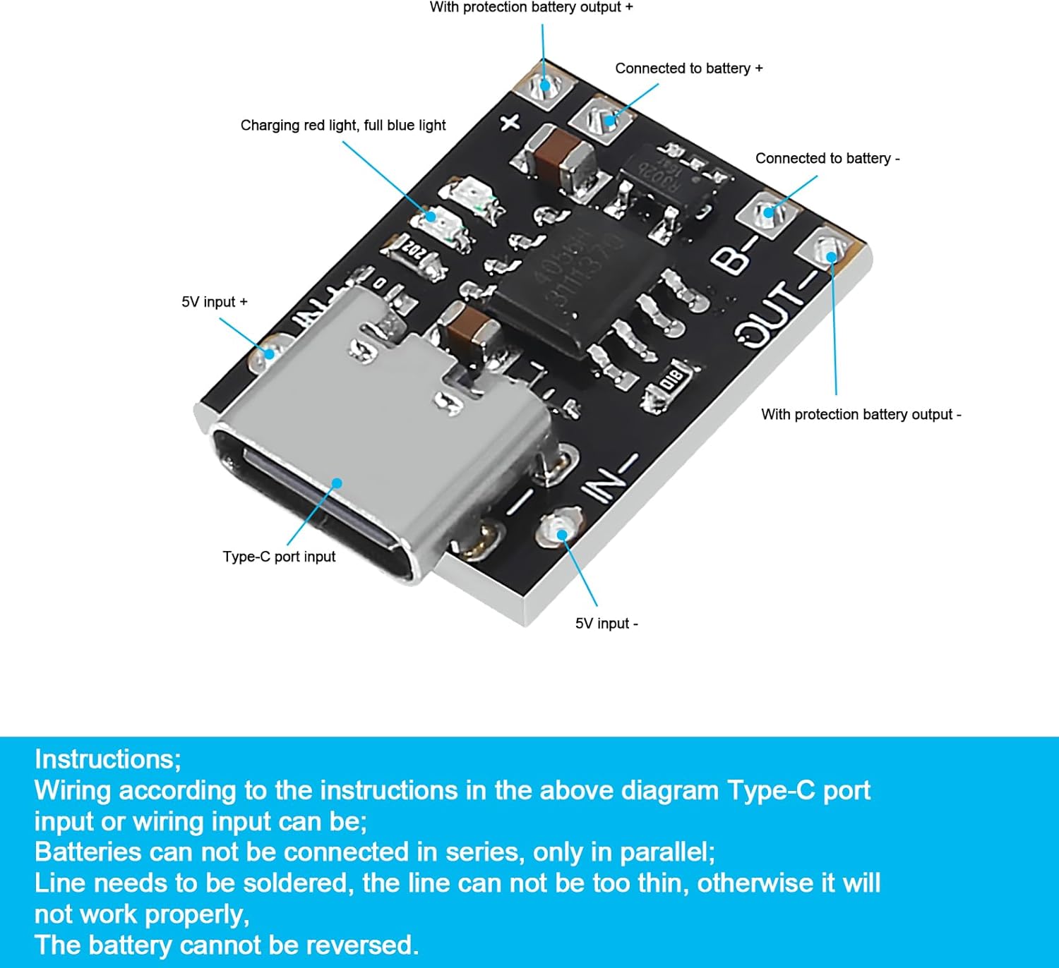 Mini USB Type C 3.7V Lithium Battery Charger Board 4.2V Charging Module with Protection Circuit and LED Charge Indicators(Type-C Port)