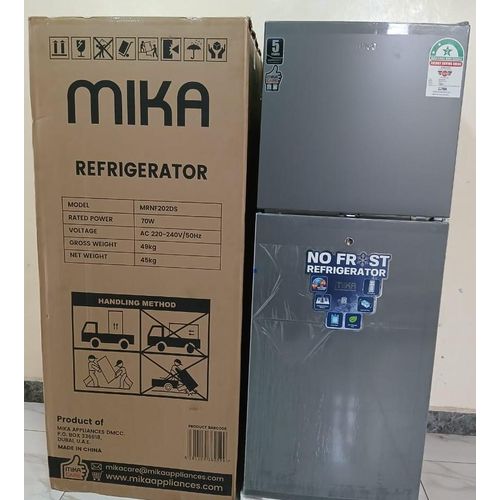 Mika 202Ltr No Frost Double Door Refrigerator Top Mounted Freezer Frost Free 3D Cooling Deodorizer-Smell Buster Dark Matt Energy Saving 2Yr Warranty+Fridge Guard+10M 6 Way JSB Extension
