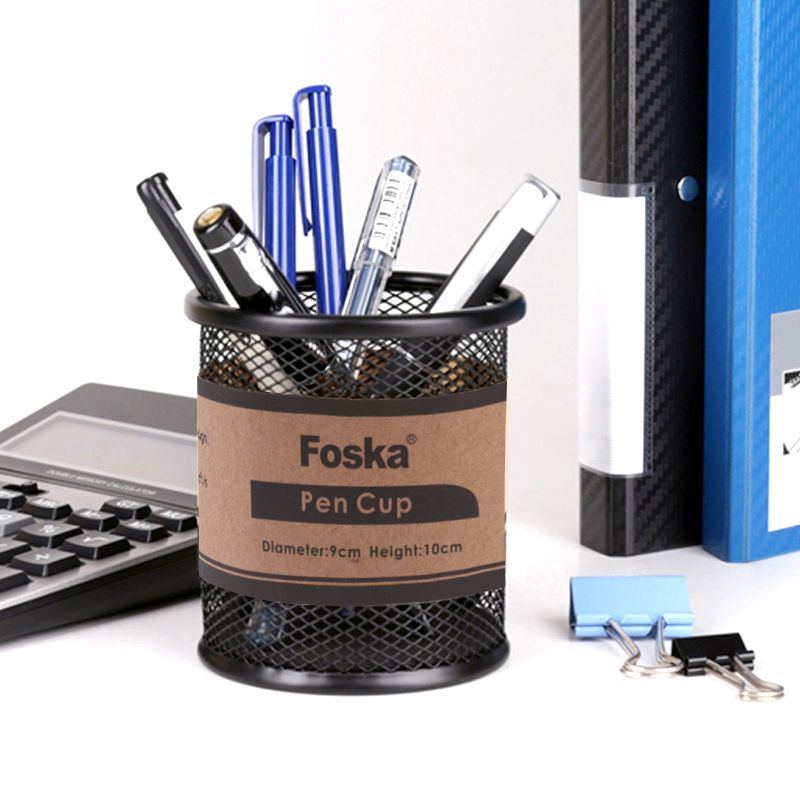 Round Metallic Black Pen Holder Cup / Desk Organizer - Mesh Material