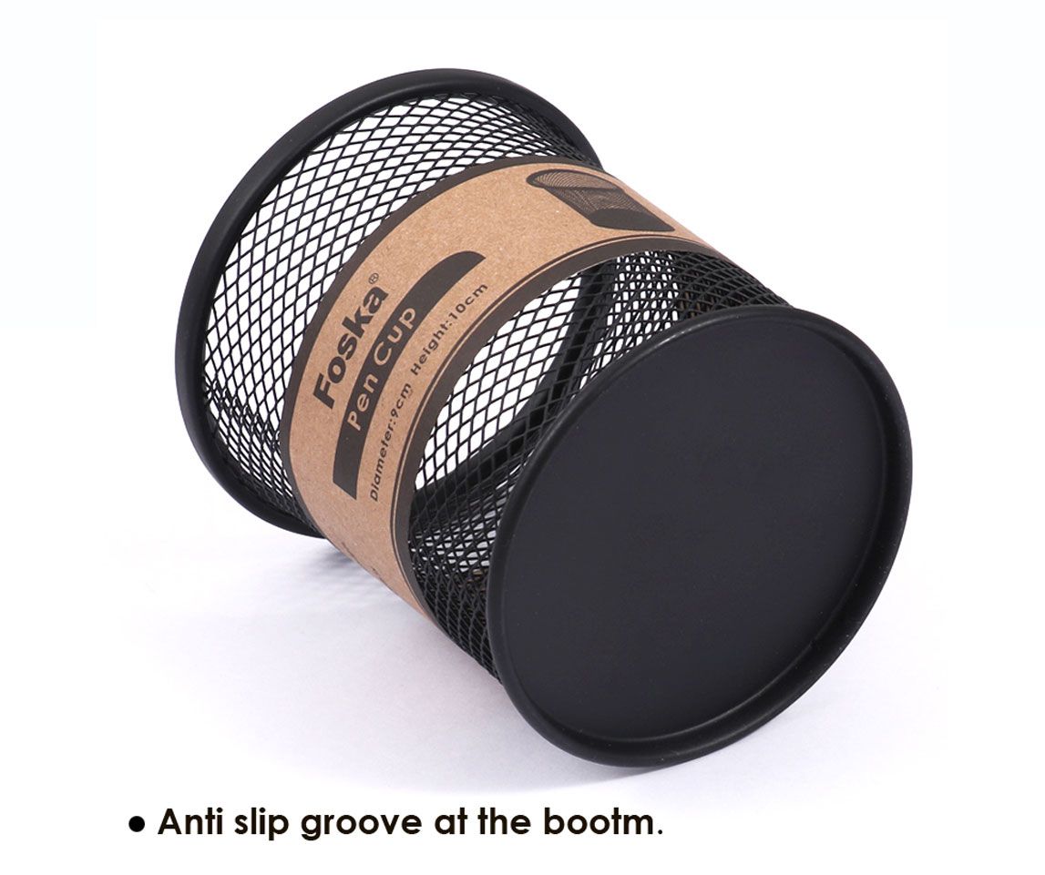 Round Metallic Black Pen Holder Cup / Desk Organizer - Mesh Material