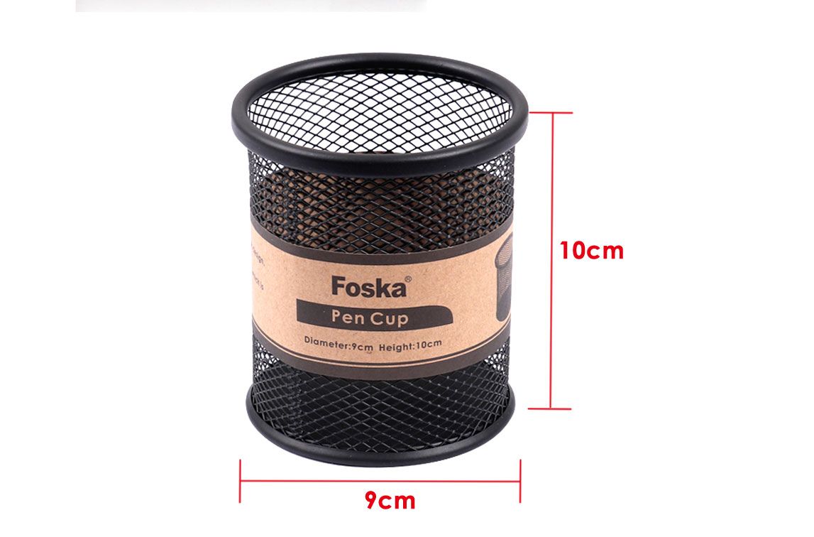 Round Metallic Black Pen Holder Cup / Desk Organizer - Mesh Material