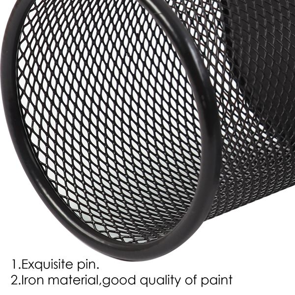 Round Metallic Black Pen Holder Cup / Desk Organizer - Mesh Material