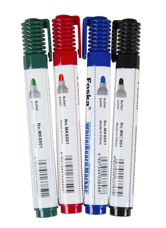4 Piece Erasable Whiteboard Markers Set - Black, Blue, Red, Green; Round Tip; No Odour & Fast-drying
