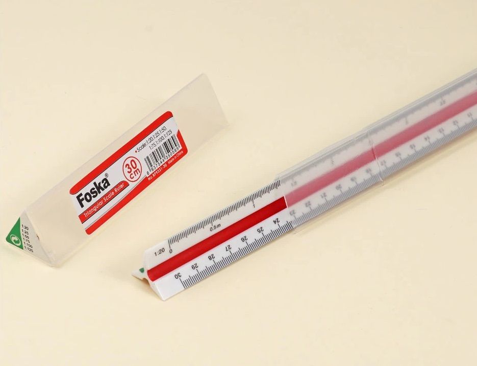 Technical Scale Ruler - Specifications: 30cm Length, Metric Type, Triangular Shape, 3 edges, 6 faces, Calibrations 1:20, 1:25, 1:50, 1:75, 1:100, 1:125