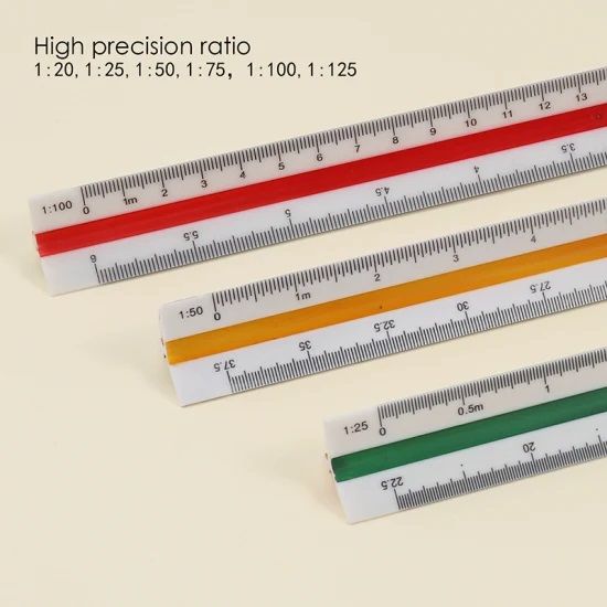 Technical Scale Ruler - Specifications: 30cm Length, Metric Type, Triangular Shape, 3 edges, 6 faces, Calibrations 1:20, 1:25, 1:50, 1:75, 1:100, 1:125