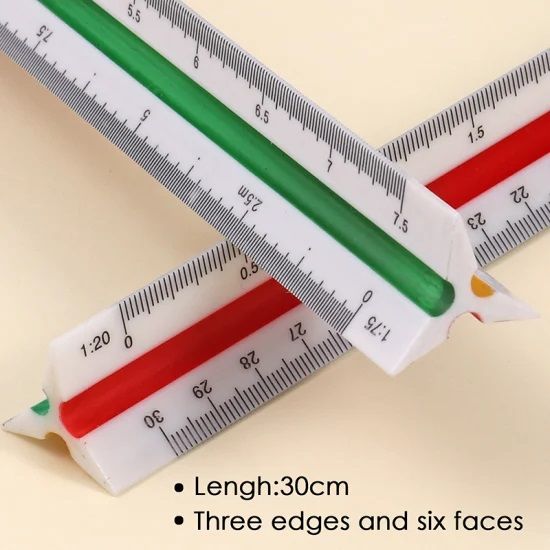 Technical Scale Ruler - Specifications: 30cm Length, Metric Type, Triangular Shape, 3 edges, 6 faces, Calibrations 1:20, 1:25, 1:50, 1:75, 1:100, 1:125