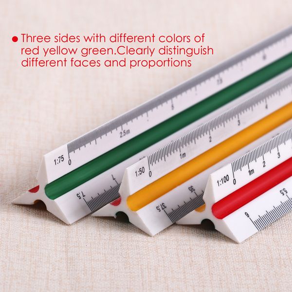 Technical Scale Ruler - Specifications: 30cm Length, Metric Type, Triangular Shape, 3 edges, 6 faces, Calibrations 1:20, 1:25, 1:50, 1:75, 1:100, 1:125