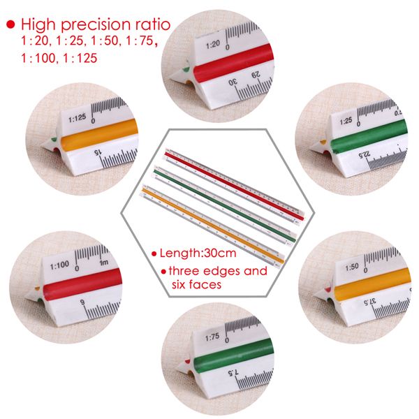 Technical Scale Ruler - Specifications: 30cm Length, Metric Type, Triangular Shape, 3 edges, 6 faces, Calibrations 1:20, 1:25, 1:50, 1:75, 1:100, 1:125