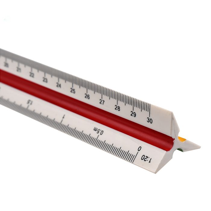 Technical Scale Ruler - Specifications: 30cm Length, Metric Type, Triangular Shape, 3 edges, 6 faces, Calibrations 1:20, 1:25, 1:50, 1:75, 1:100, 1:125