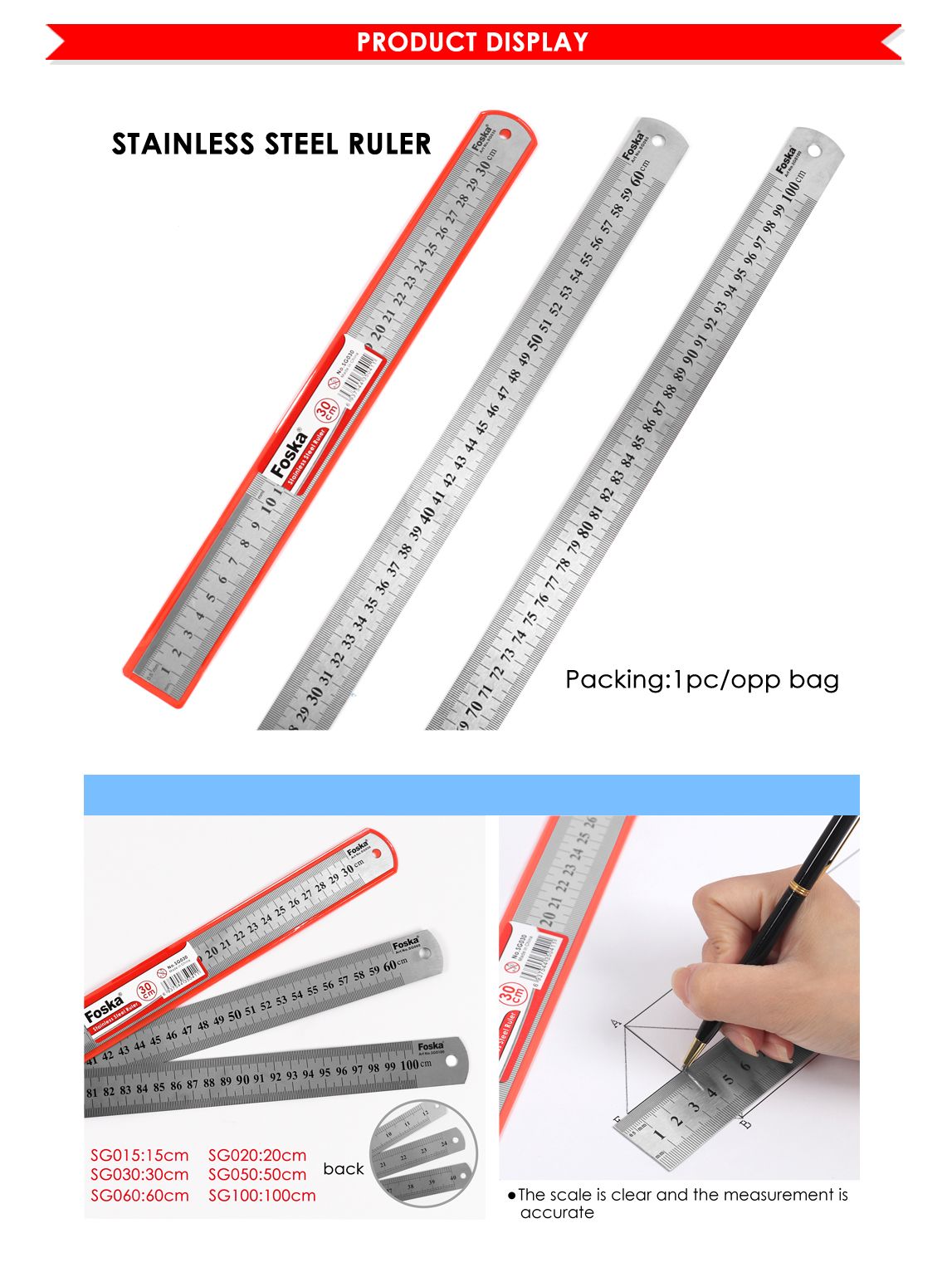 30cm / 12 inch Stainless Steel Ruler - Rust-proof, Non-fading, Unbreakable Material, with a hanging hole.