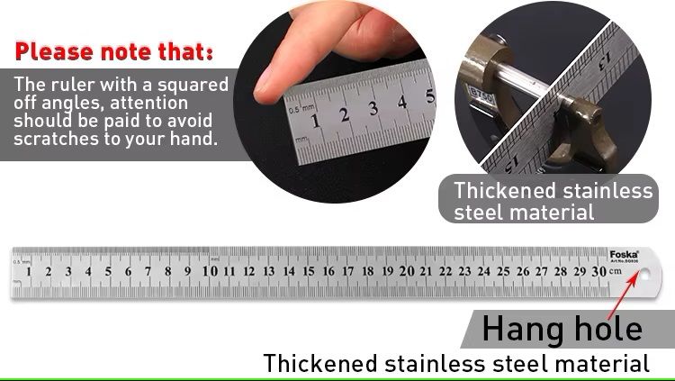 30cm / 12 inch Stainless Steel Ruler - Rust-proof, Non-fading, Unbreakable Material, with a hanging hole.