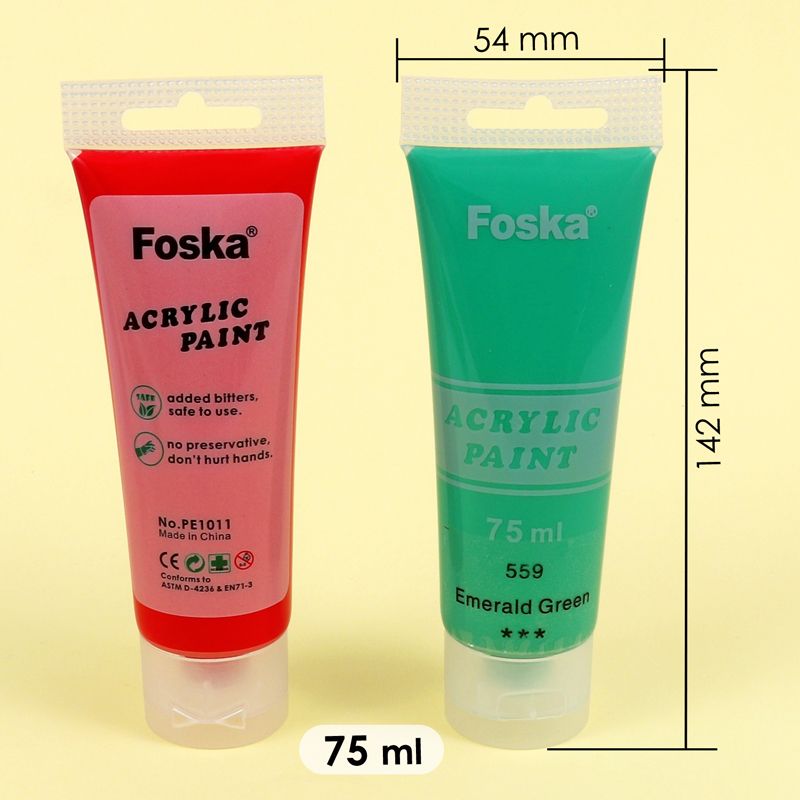 Acrylic Paint - 6 x 75ml Tubes, Professional Quality, Colours: Titanium White, Lemon Yellow, Scarlet, Emerald Green, Lamp Black, PhthaloCyanine Blue.
