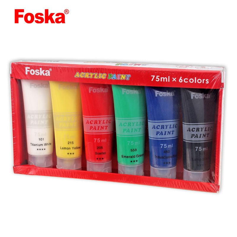 Acrylic Paint - 6 x 75ml Tubes, Professional Quality, Colours: Titanium White, Lemon Yellow, Scarlet, Emerald Green, Lamp Black, PhthaloCyanine Blue.