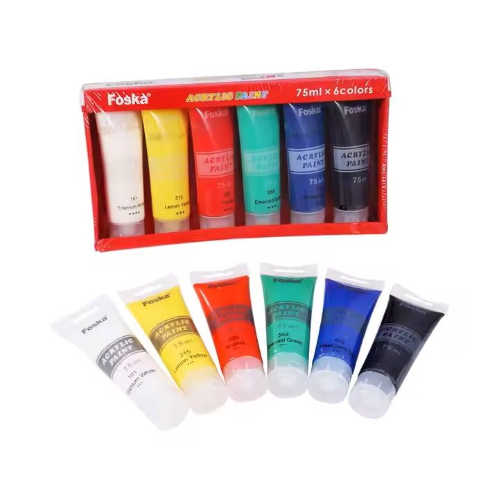 Acrylic Paint - 6 x 75ml Tubes, Professional Quality, Colours: Titanium White, Lemon Yellow, Scarlet, Emerald Green, Lamp Black, PhthaloCyanine Blue.