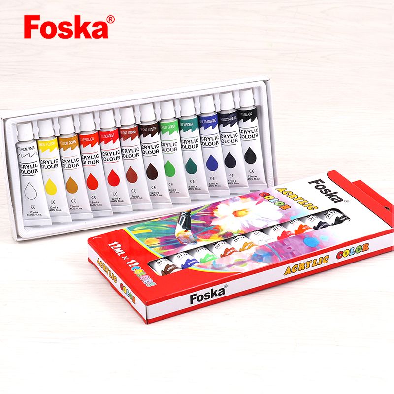 Acrylic Paint - 12 x 12ml Tubes, Professional Quality, 12 Colours, High Stability, High Quality Pigment & Usable on many surfaces.