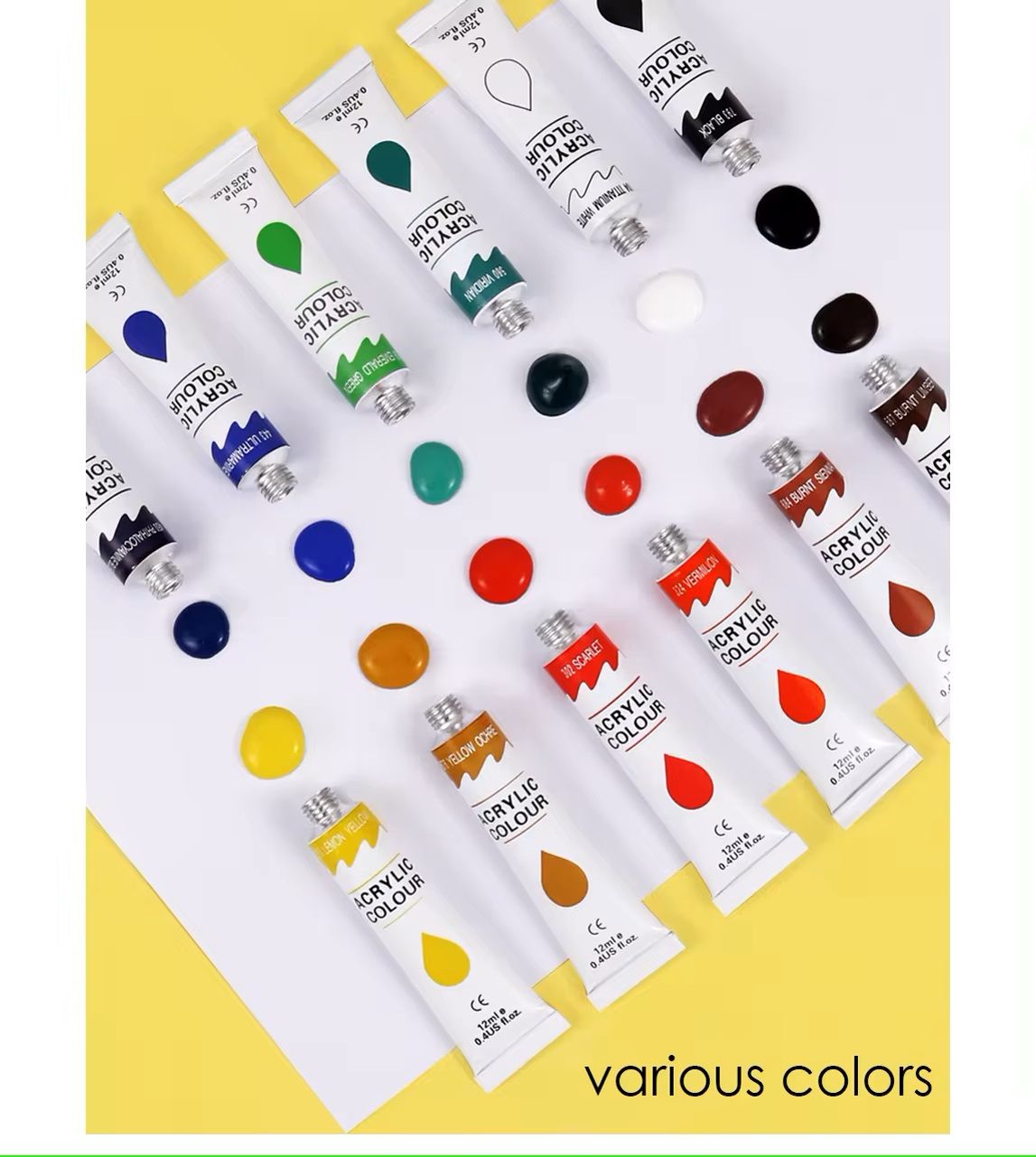 Acrylic Paint - 12 x 12ml Tubes, Professional Quality, 12 Colours, High Stability, High Quality Pigment & Usable on many surfaces.