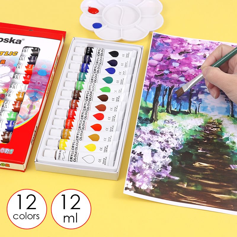 Acrylic Paint - 12 x 12ml Tubes, Professional Quality, 12 Colours, High Stability, High Quality Pigment & Usable on many surfaces.