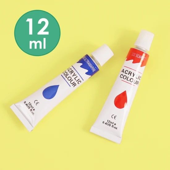 Acrylic Paint - 12 x 12ml Tubes, Professional Quality, 12 Colours, High Stability, High Quality Pigment & Usable on many surfaces.