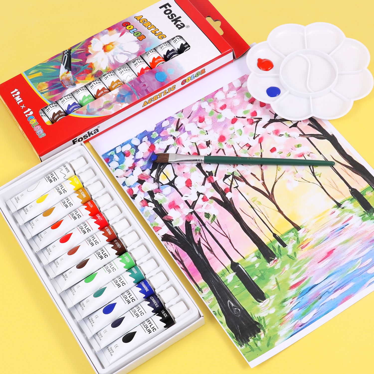 Acrylic Paint - 12 x 12ml Tubes, Professional Quality, 12 Colours, High Stability, High Quality Pigment & Usable on many surfaces.