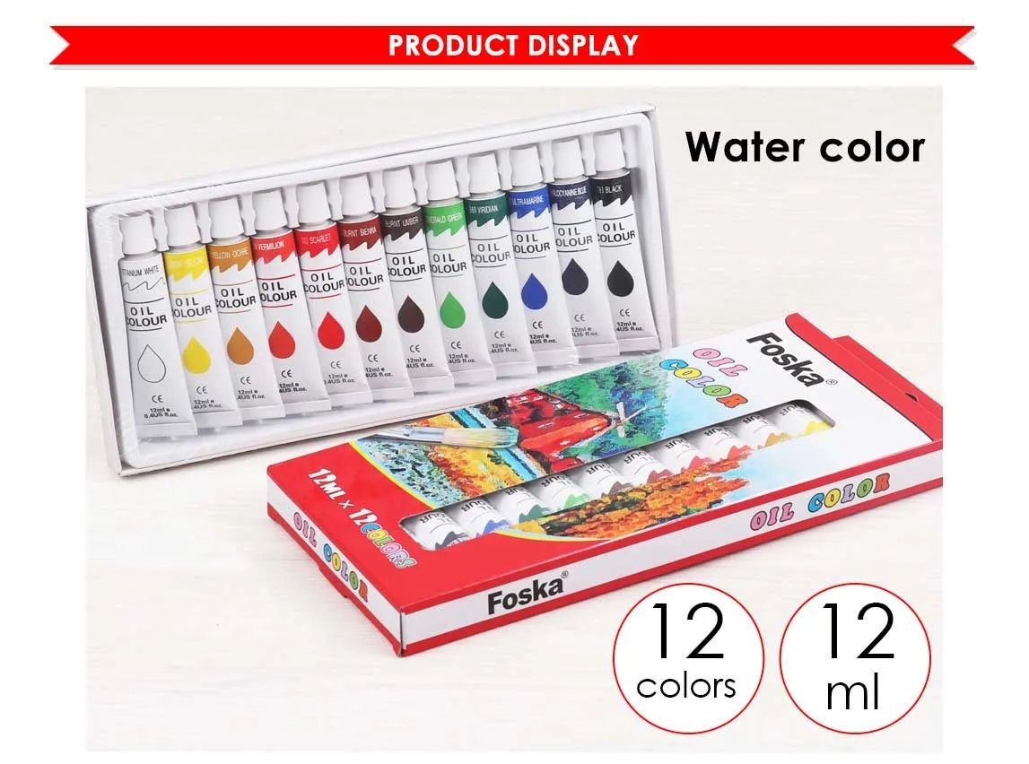 Oil Colour Paint Tubes - 12 x 12ml, Professional Quality, High Stability & High Pigment Quality,12 Colours & Usable on various surfaces
