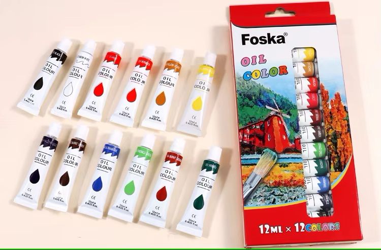 Oil Colour Paint Tubes - 12 x 12ml, Professional Quality, High Stability & High Pigment Quality,12 Colours & Usable on various surfaces