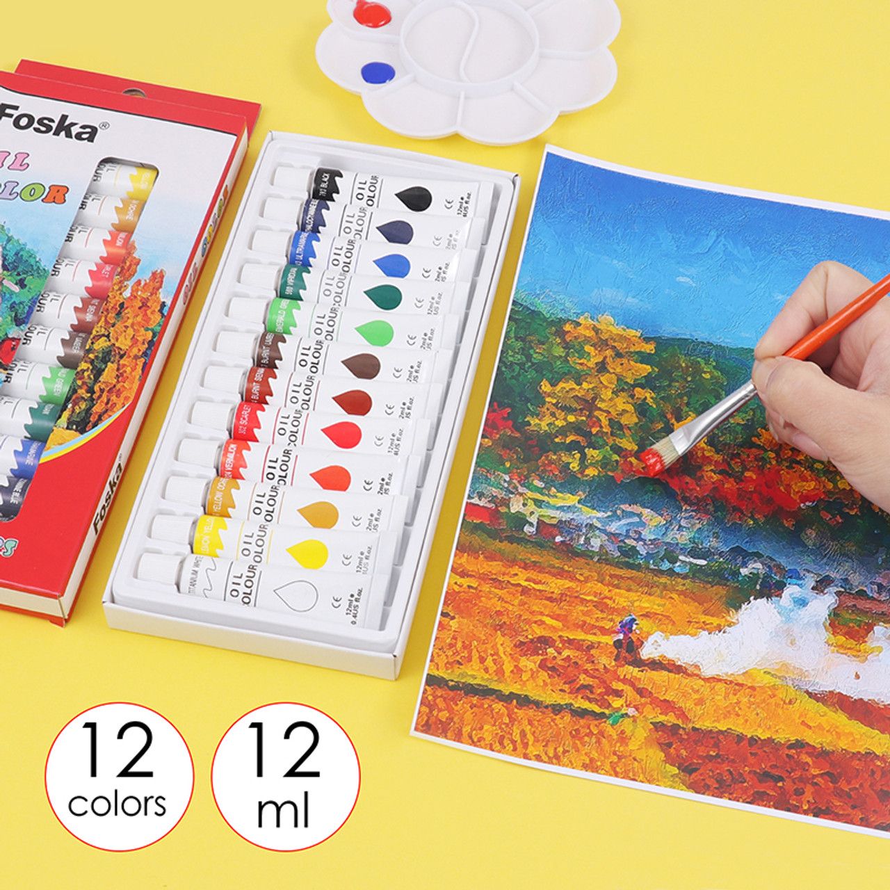 Oil Colour Paint Tubes - 12 x 12ml, Professional Quality, High Stability & High Pigment Quality,12 Colours & Usable on various surfaces