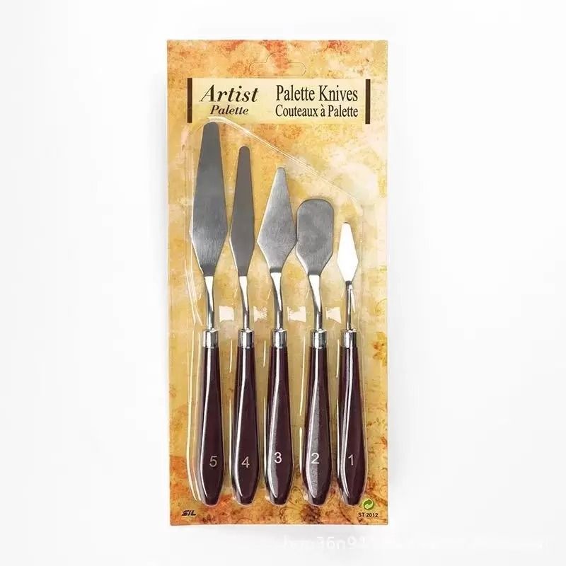 5-Piece Metallic Palette Knife Set - Stainless Steel Material with Wooden Handle, Ergonomically Designed & Easy to Clean