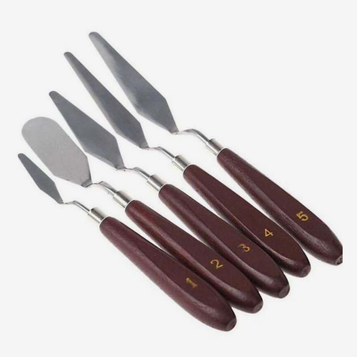5-Piece Metallic Palette Knife Set - Stainless Steel Material with Wooden Handle, Ergonomically Designed & Easy to Clean