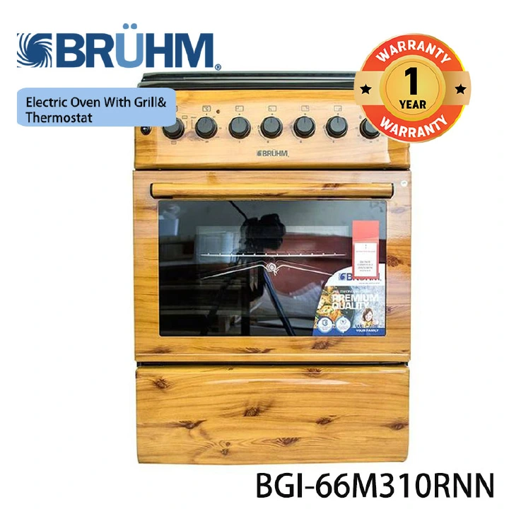 Bruhm Standing Gas Cooker  BGI-66M310RNN 60x60cm 3Gas 1 Electric Hot Plate Automatic Ignition Grill with mettalic lid  cookers 1Yr Warranty