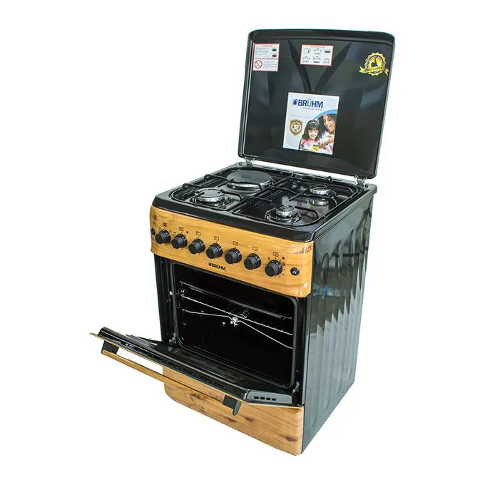 Bruhm Standing Gas Cooker  BGI-66M310RNN 60x60cm 3Gas 1 Electric Hot Plate Automatic Ignition Grill with mettalic lid  cookers 1Yr Warranty