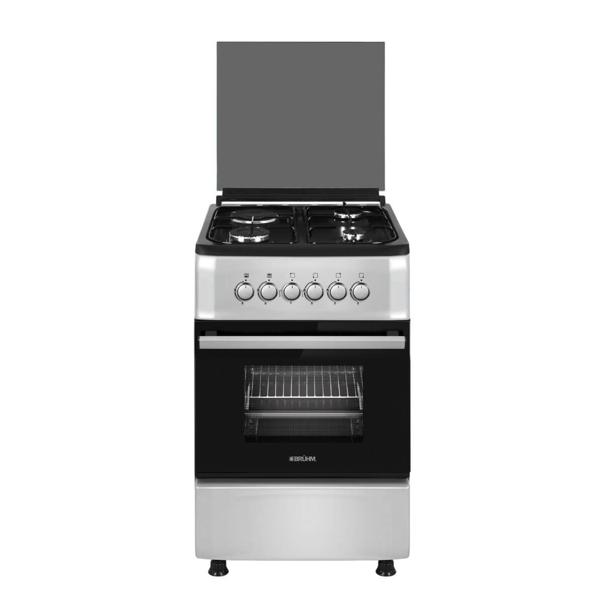 Bruhm BGC-5531IS 50x55cm Gas Cooker 3 Gas Burners&1 Electric Plate electric Oven Grill Function Double Glass Oven Door Auto Ignition Inox Work Top Adjustable Legs Flame Failure Device