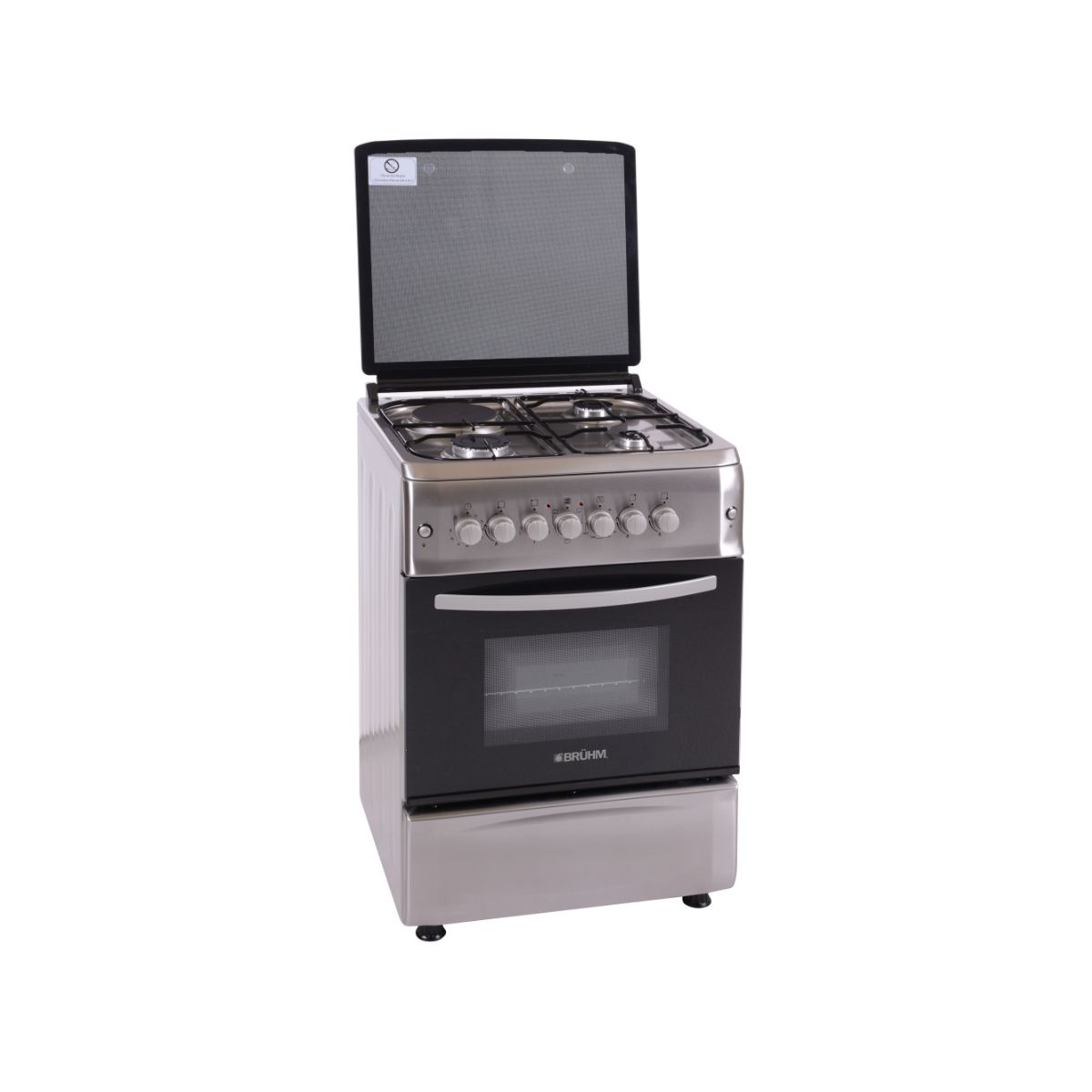 Bruhm BGC-5531IS 50x55cm Gas Cooker 3 Gas Burners&1 Electric Plate electric Oven Grill Function Double Glass Oven Door Auto Ignition Inox Work Top Adjustable Legs Flame Failure Device