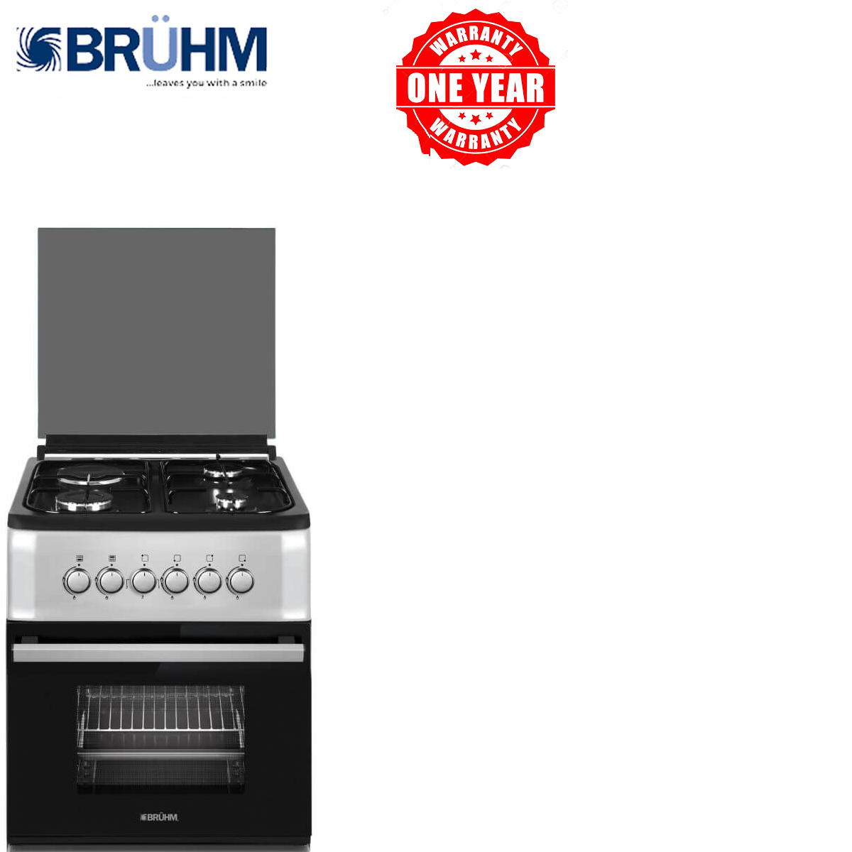Bruhm BGC-5531IS 50x55cm Gas Cooker 3 Gas Burners&1 Electric Plate electric Oven Grill Function Double Glass Oven Door Auto Ignition Inox Work Top Adjustable Legs Flame Failure Device