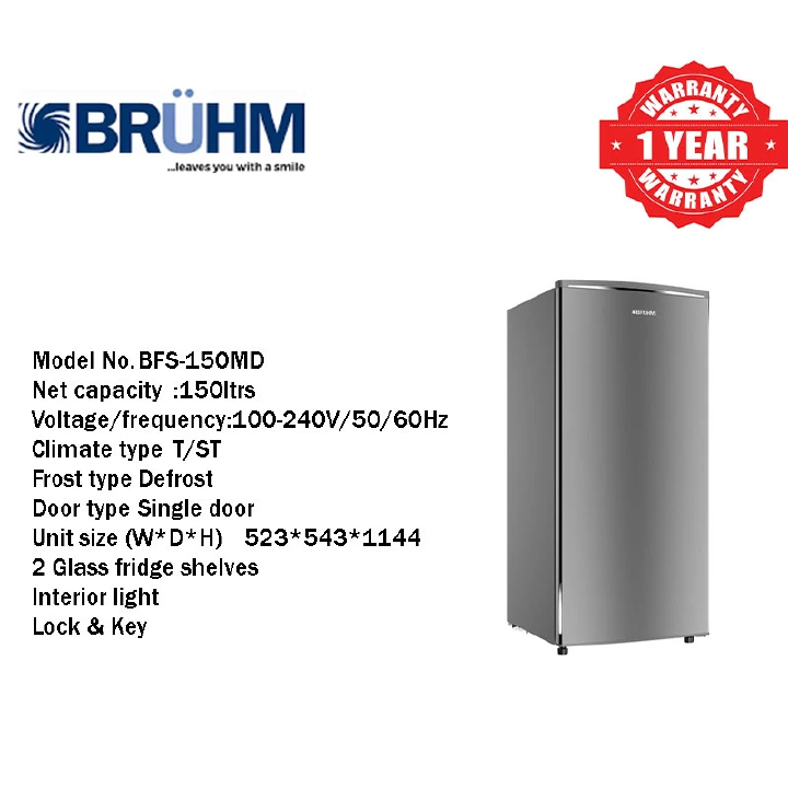Bruhm 150L Single Door Frost Free Refrigerator BFS 150MD Mechanical temperature control 2 Glass fridge shelves Interior light Crystal door lock and key Metallic Grey fridge