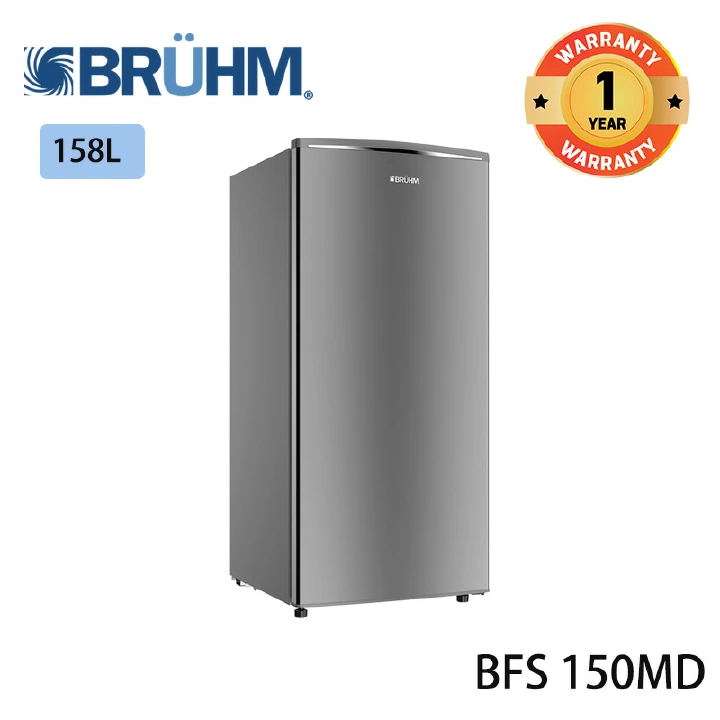 Bruhm 150L Single Door Frost Free Refrigerator BFS 150MD Mechanical temperature control 2 Glass fridge shelves Interior light Crystal door lock and key Metallic Grey fridge