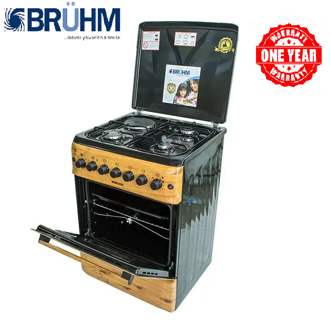 Bruhm Standing Gas Cooker  BGI-66M310RNN 60x60cm 3Gas 1 Electric Hot Plate Automatic Ignition Grill with mettalic lid  cookers 1Yr Warranty