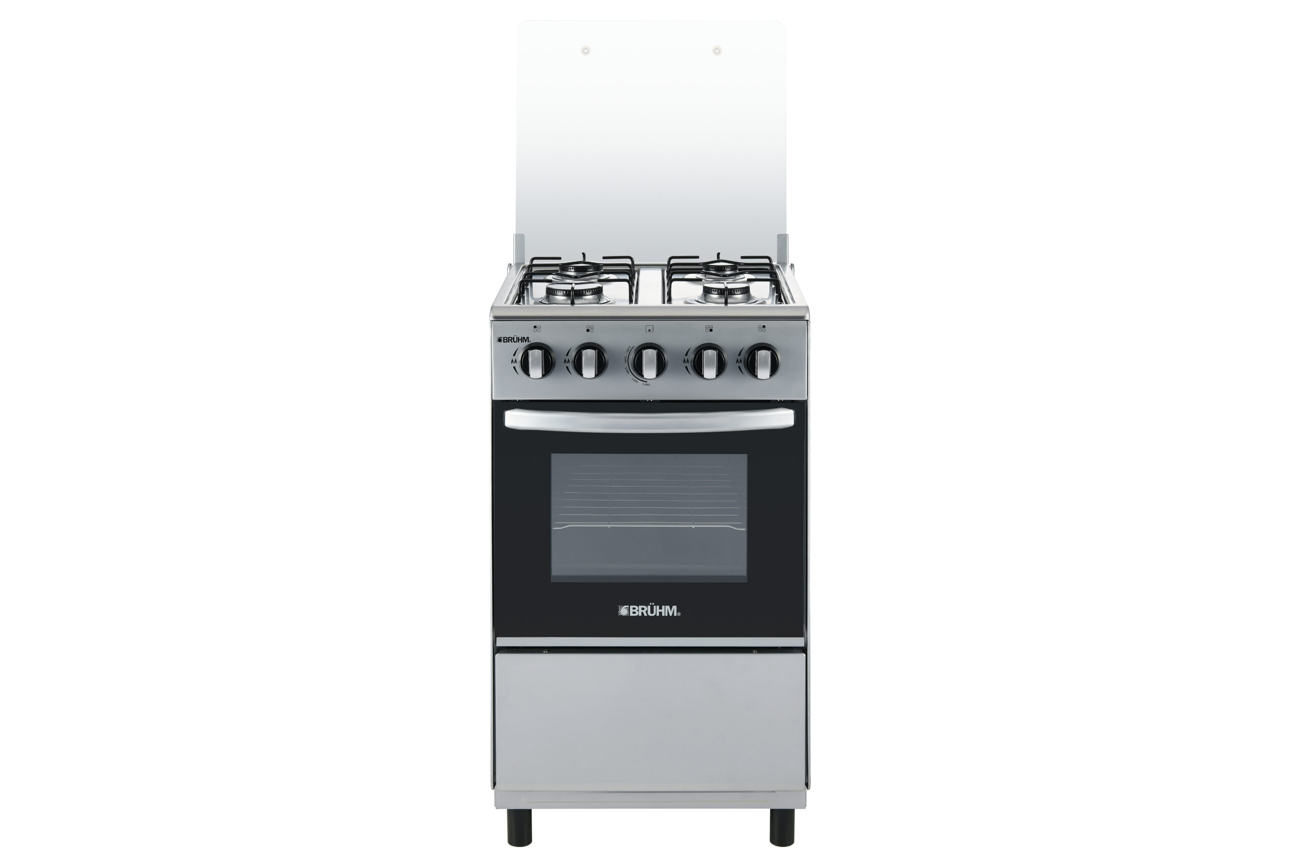 Bruhm 50x50 All Gas Standing Cooker BGC-5540IF Gas oven with adjustable legs Double glass oven door Manual ignition Inox work top Adjustable legs Silver
