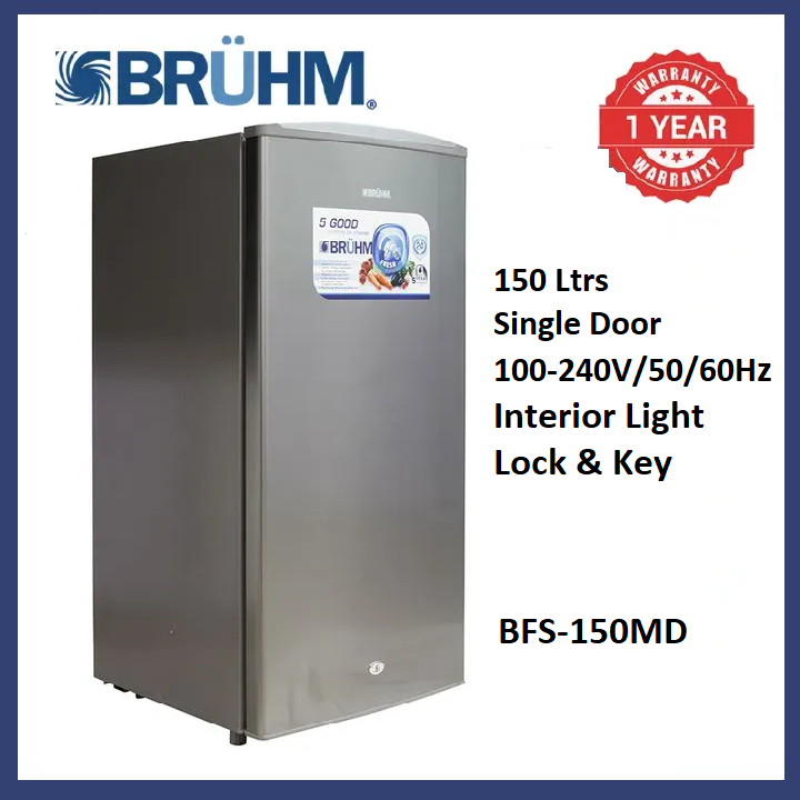 Bruhm 150L Single Door Frost Free Refrigerator BFS 150MD Mechanical temperature control 2 Glass fridge shelves Interior light Crystal door lock and key Metallic Grey fridge