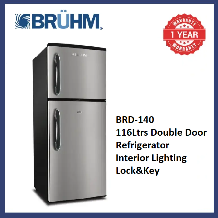 Bruhm 116Ltrs Fridge BRD - 140 Inox  Double Door Refrigerator Direct Cool External Condenser Interior Lighting Energy Efficient Lock and  Key Silver 1 yr Warranty