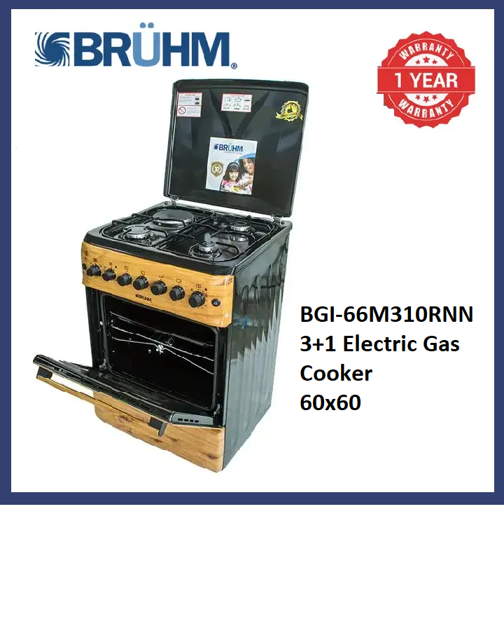 Bruhm Standing Gas Cooker  BGI-66M310RNN 60x60cm 3Gas 1 Electric Hot Plate Automatic Ignition Grill with mettalic lid  cookers 1Yr Warranty