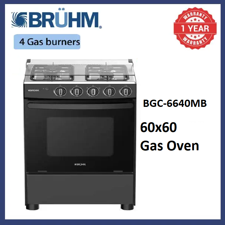 Bruhm 60x60 Free Standing 4 Burners Gas Cooker BGC 6640MB With Gas Oven Black Inox Top Auto ignition Double glass door with tray and grid Adjustable legs glass lid 1 year warranty