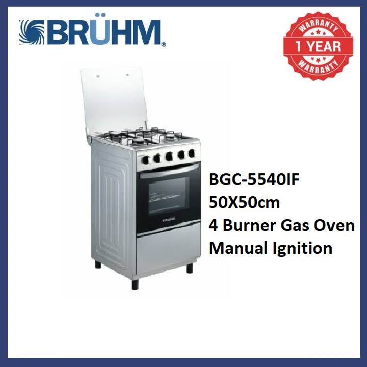 Bruhm 50x50 All Gas Standing Cooker BGC-5540IF Gas oven with adjustable legs Double glass oven door Manual ignition Inox work top Adjustable legs Silver