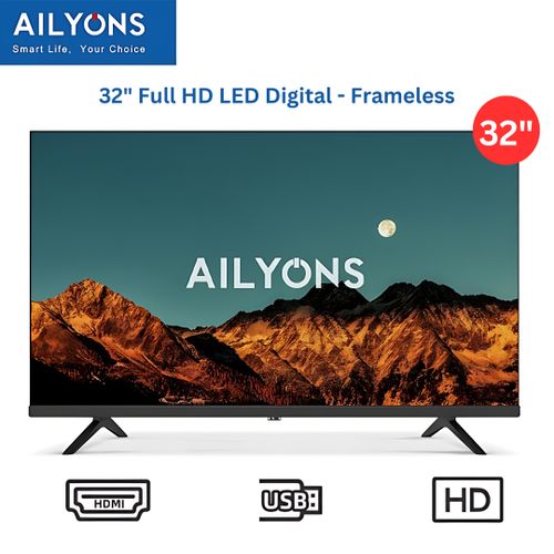 AILYONS LET3208W 32" FHD Frameless Digital LED TV Inbuilt Decoder DVB T2/S2 - USB-HDMI-VGA - Black , (1YR WRTY)