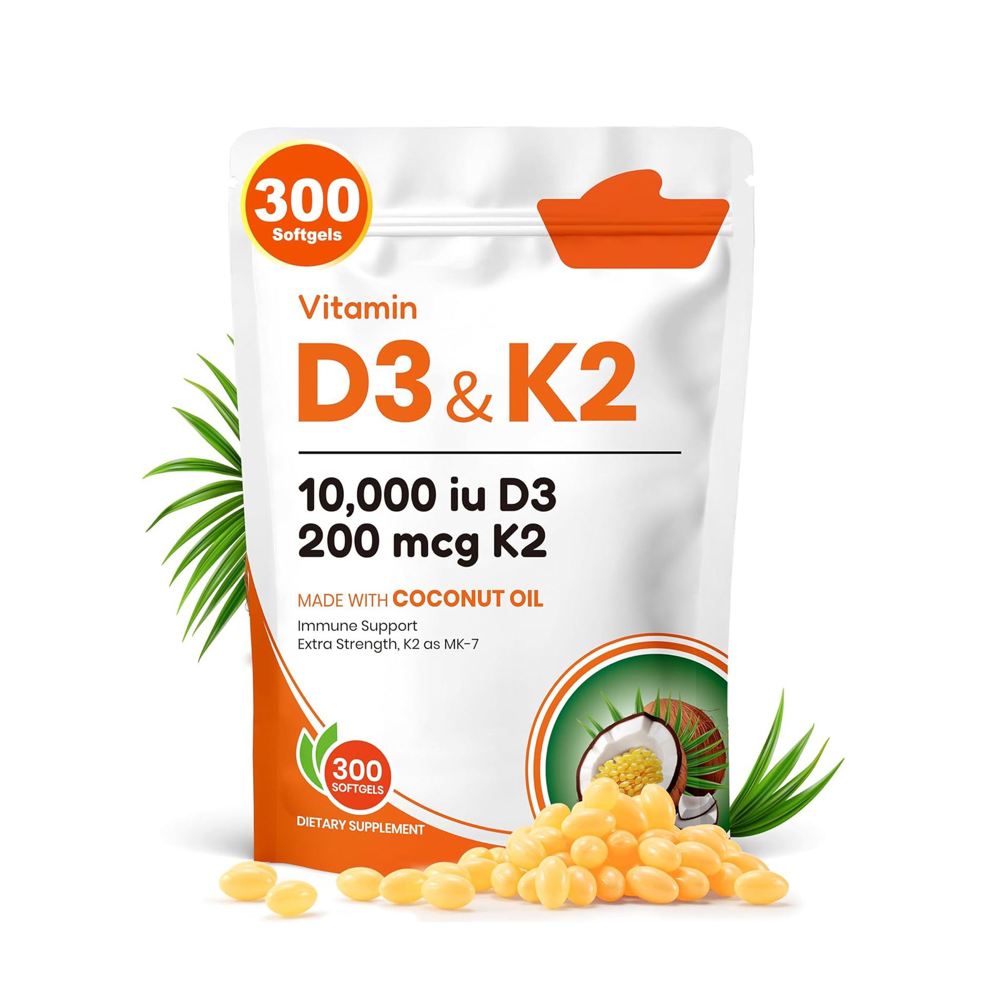 300-Count Virgin Coconut Oil Softgels, D3K2 Supplement   300-Count Virgin Coconut Oil Softgels, D3K2 Supplement