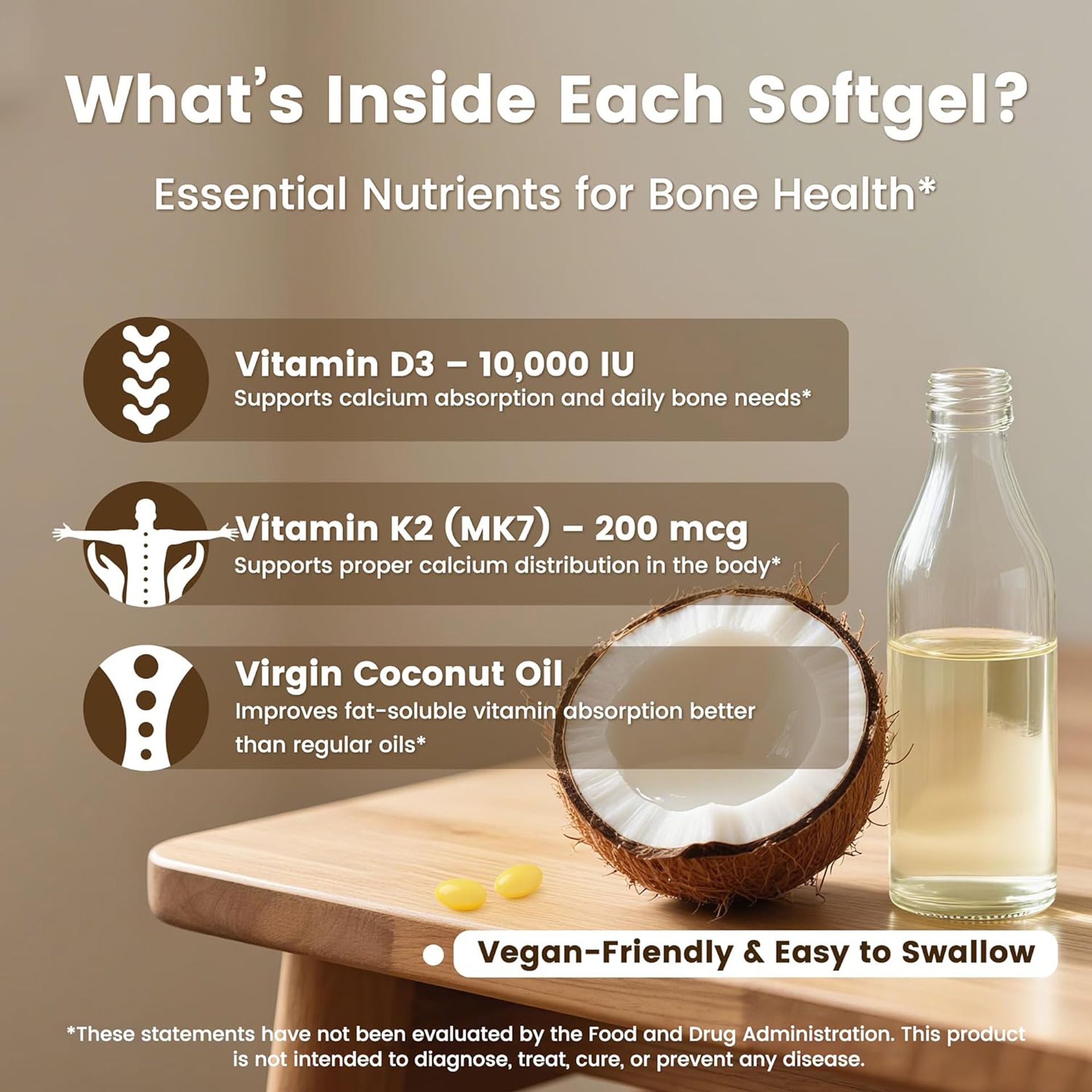 300-Count Virgin Coconut Oil Softgels, D3K2 Supplement   300-Count Virgin Coconut Oil Softgels, D3K2 Supplement