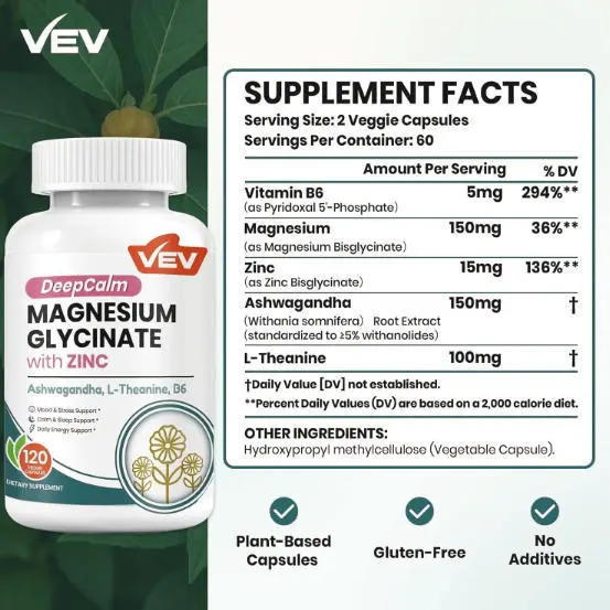 60 Magnesium Glycinate and Zinc Capsules with Ashwagandha, B6, and L-Theanine, 120
