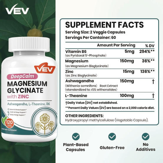 60 Magnesium Glycinate and Zinc Capsules with Ashwagandha, B6, and L-Theanine, 120