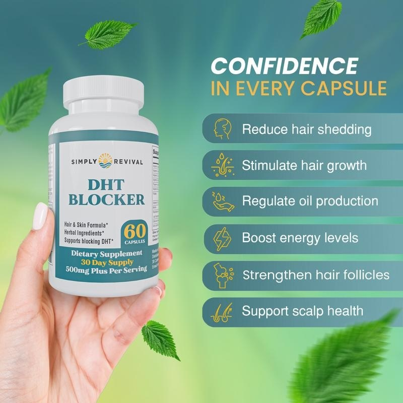 Simply Revival DHT Blocker - Hair & Skin Formula with Herbal Ingredients  - Promotes Healthy Hair Growth & Clear Skin  - 60 Capsules
